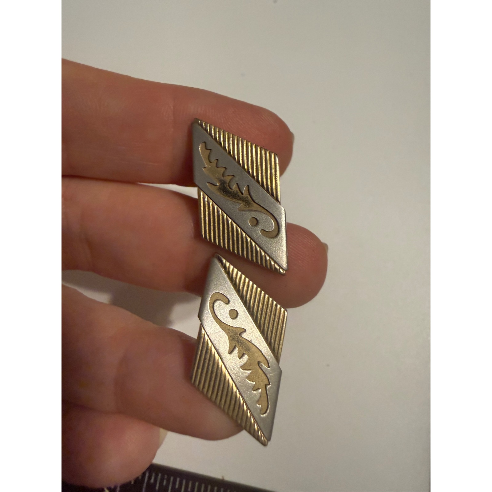 Vintage Mid Century Modern Two Tone Gold Silver Rhombus Geometric Cufflinks Mens